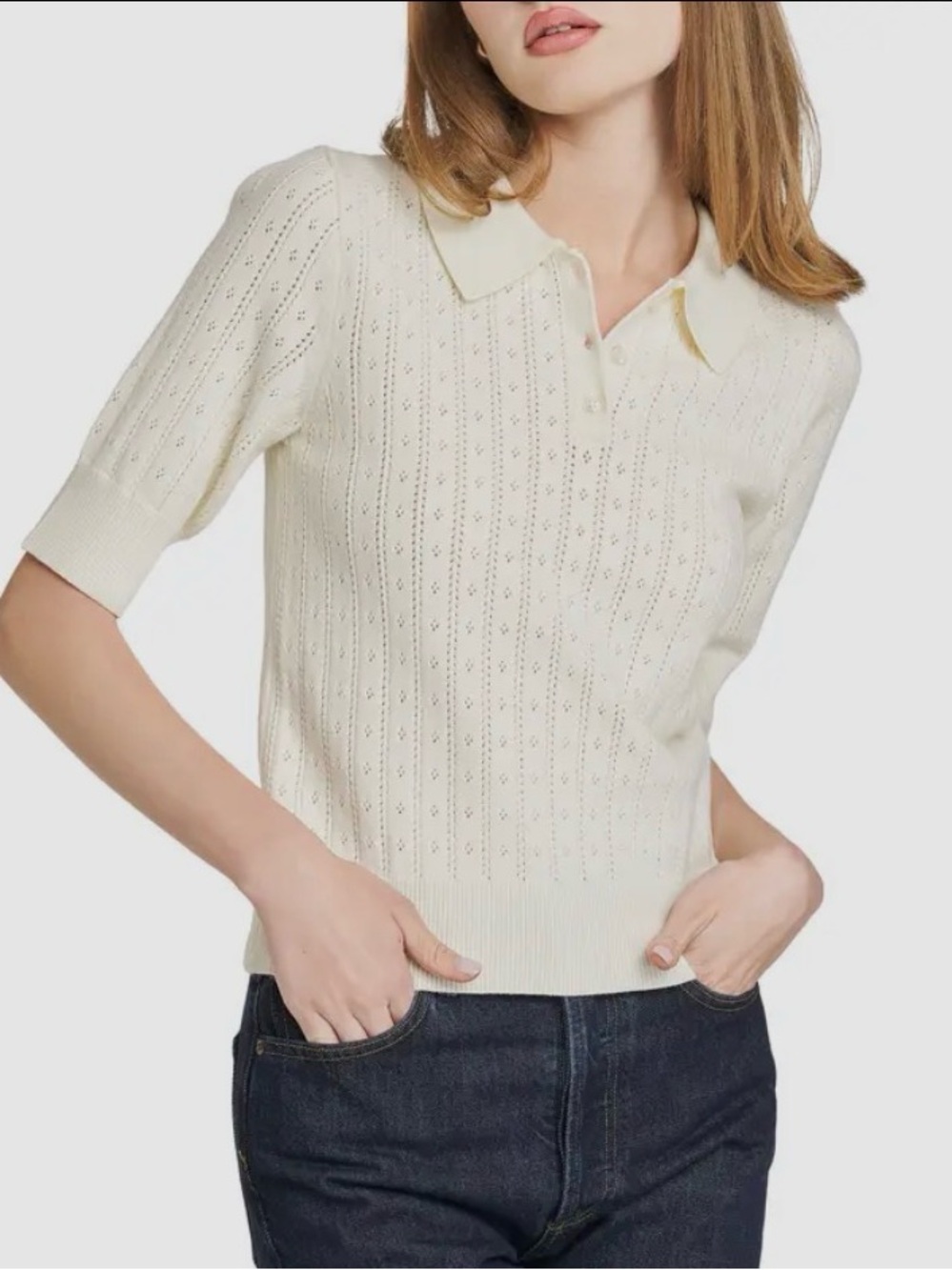 Wayf Cream Pointelle Knit Polo Top